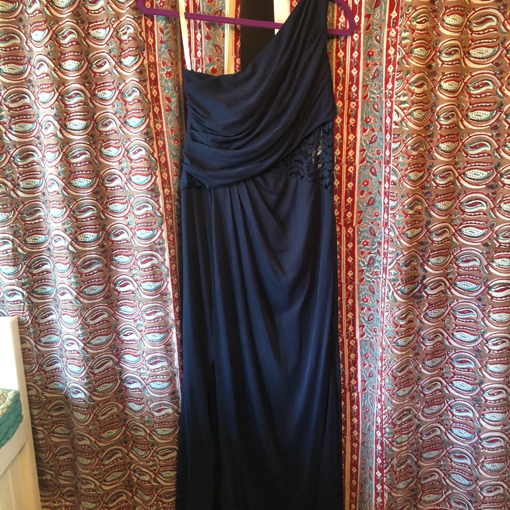 David’s Bridal Navy Long Lace One Shoulder
